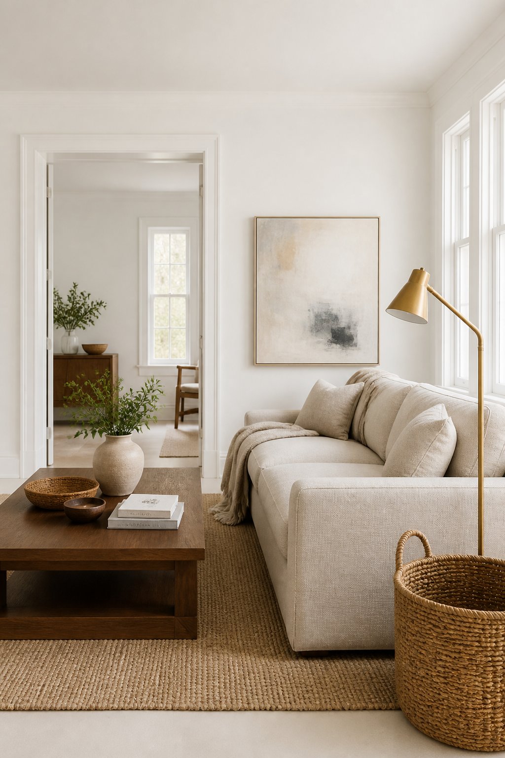 A calm white living room with an oatmeal sofa, walnut coffee table, brass floor lamp, woven rug, abstract artwork, and baskets.