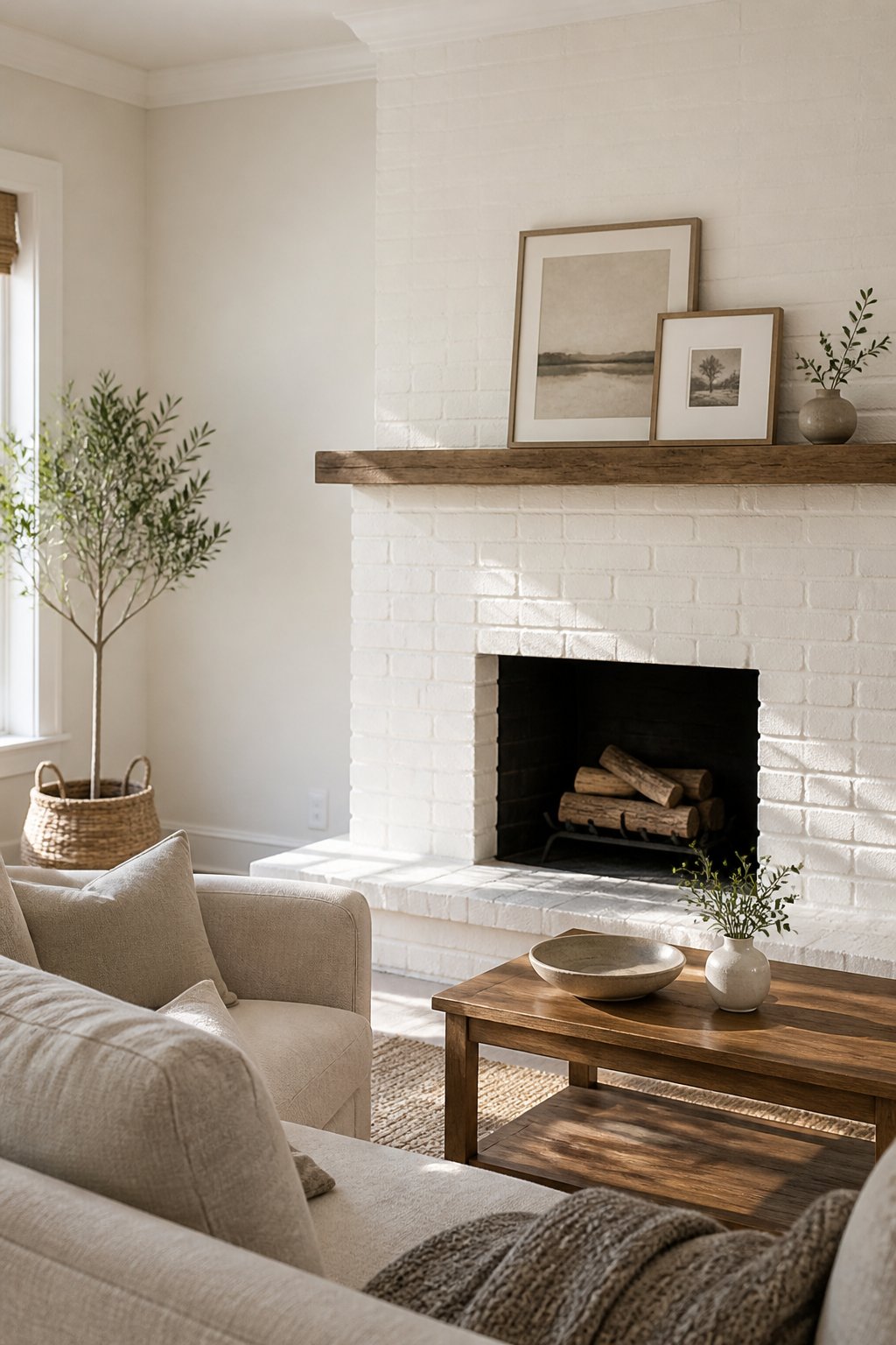 A bright living room with a white-painted brick fireplace, natural wood mantel, linen sofa, and wood coffee table.