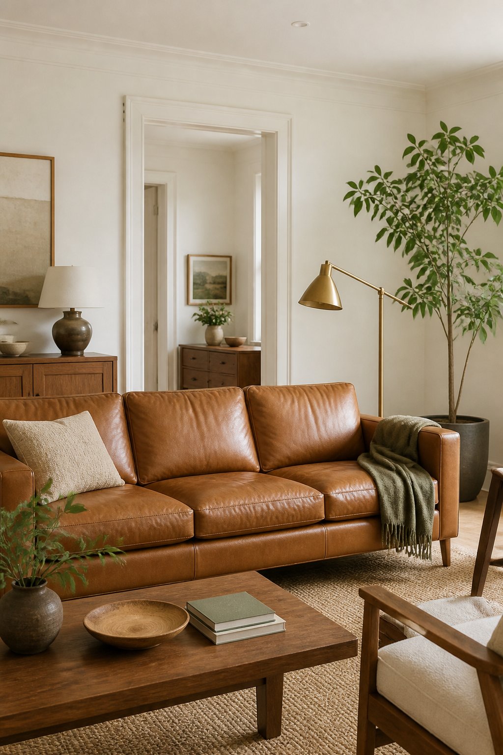 A bright living room with soft white walls, a tan leather sofa, wooden furniture, a woven rug, brass lighting, and a tall potted plant.