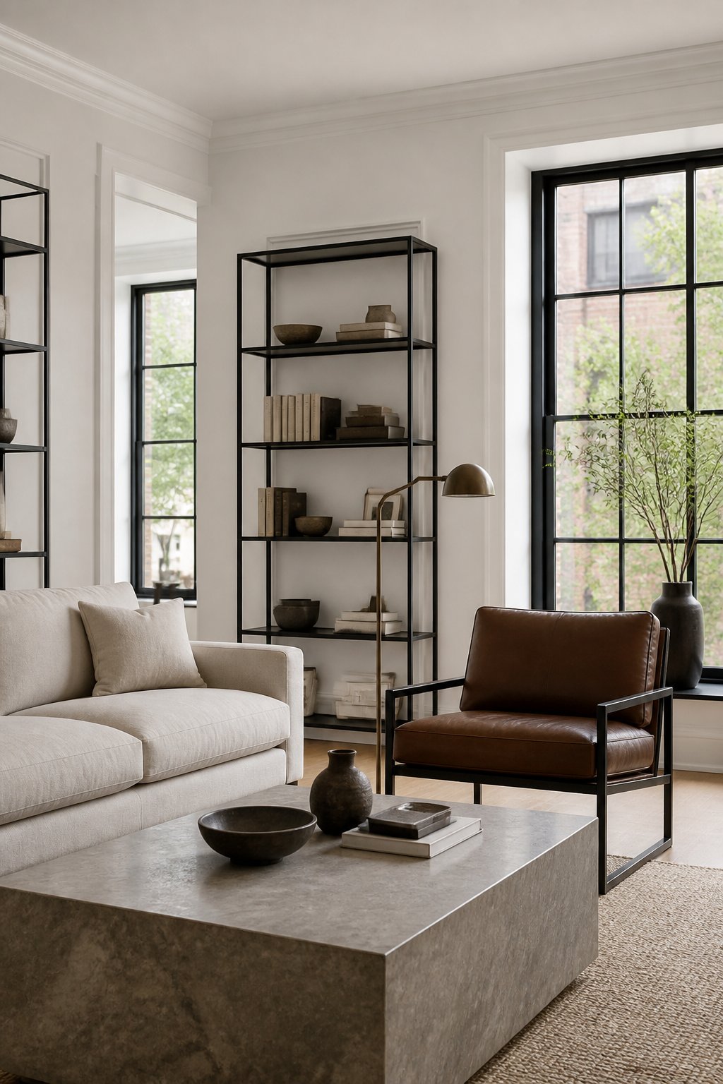 A bright living room with soft white walls, black-framed windows and shelving, a linen sofa, leather chair, bronze lamp, and stone coffee table.