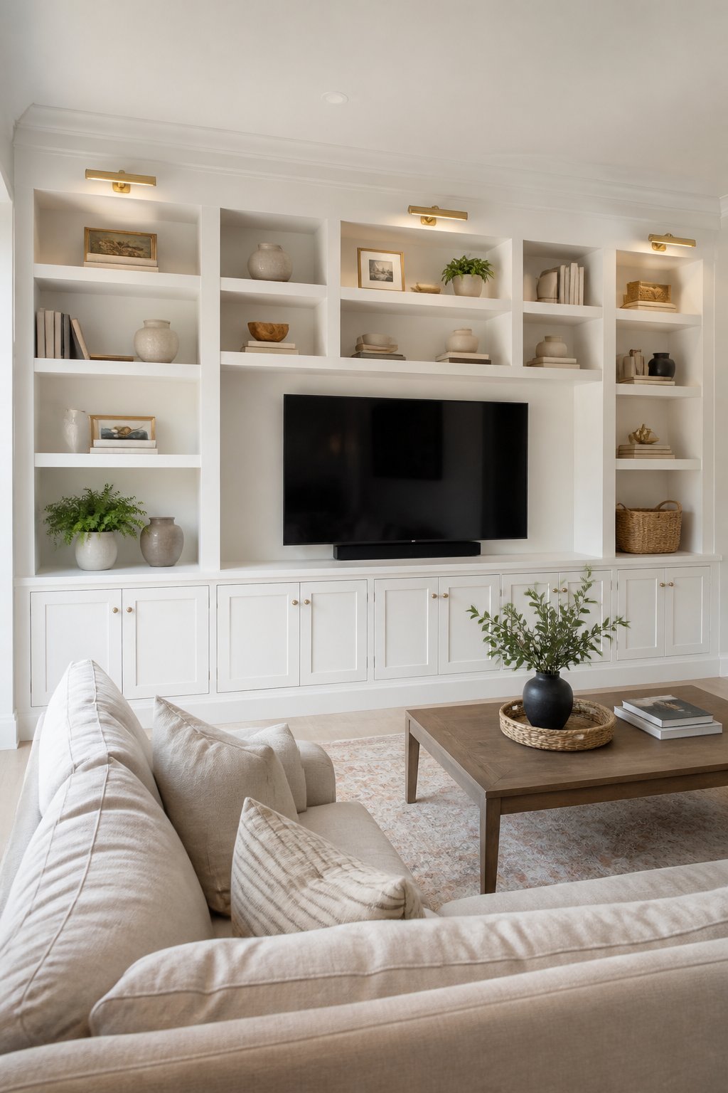 A calm living room with a full wall of soft white built-in shelves and cabinets, decorated with books, baskets, ceramics, and brass lights behind a linen sofa.