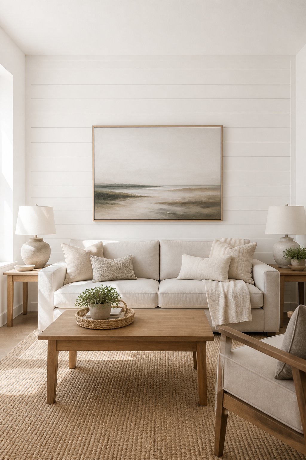 A calm living room with a white shiplap wall, neutral sofa, wooden side tables, woven rug, and large wall art.