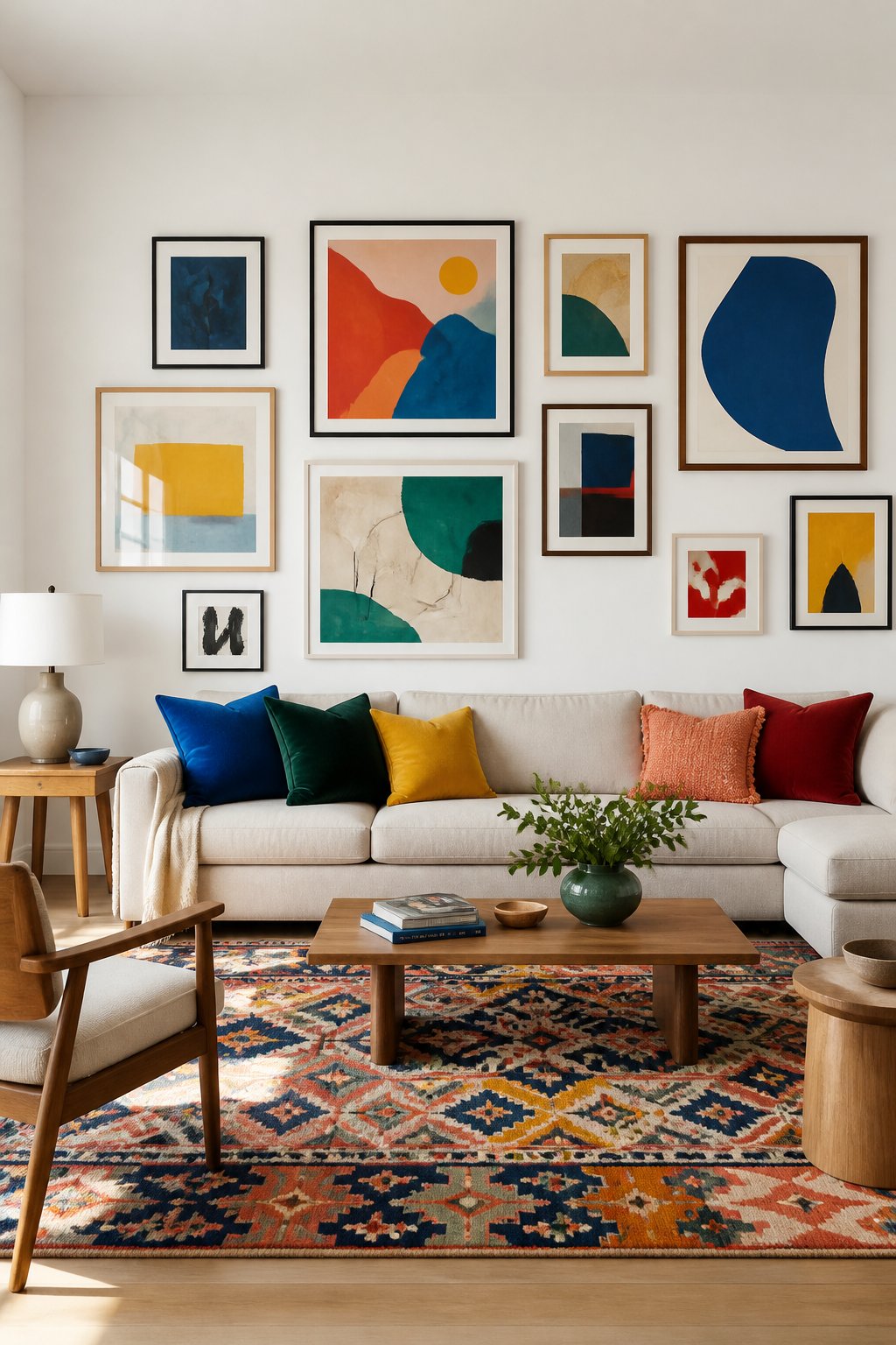 A bright living room with soft white walls, a neutral sofa, colorful pillows, a patterned rug, wood tables, and a wall of framed artwork.