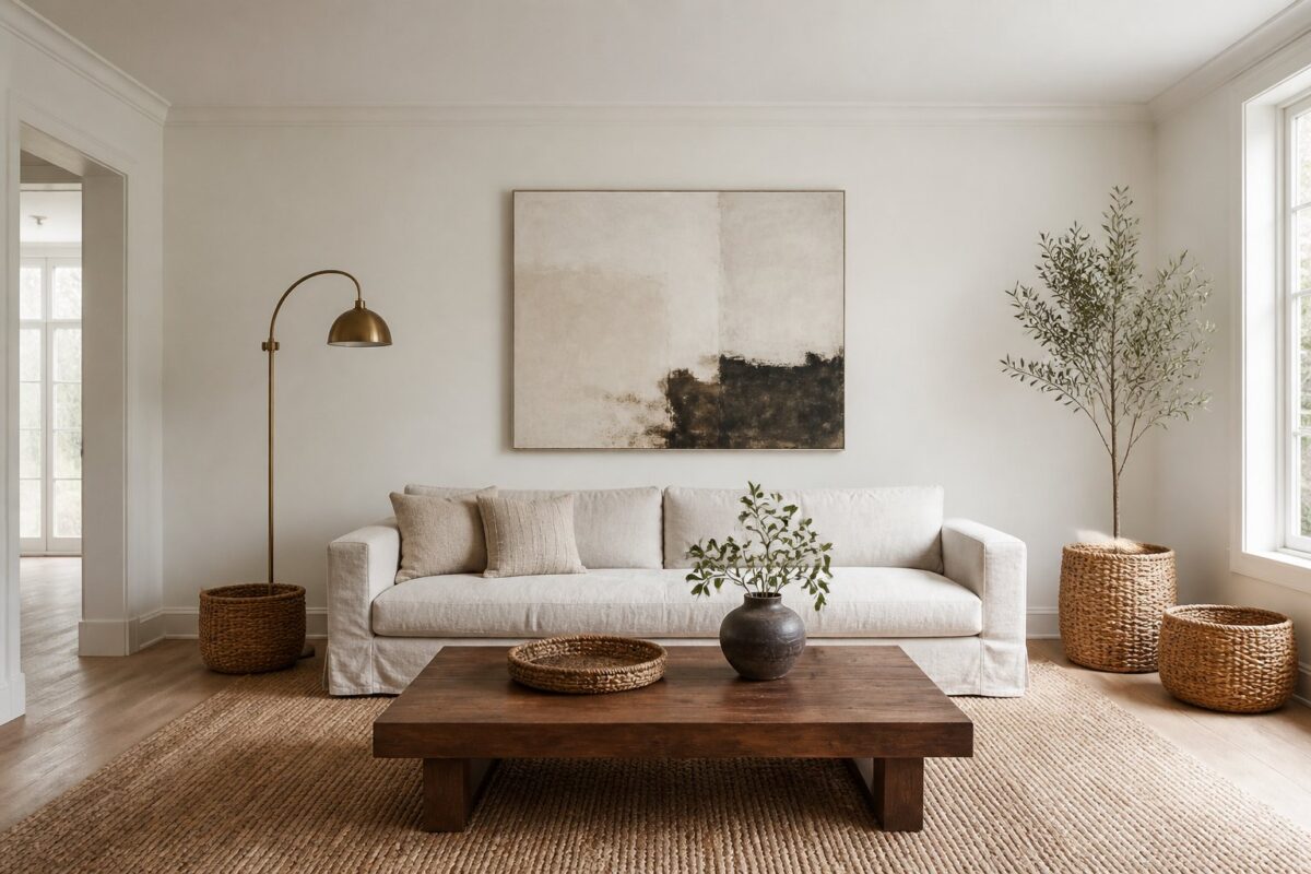 A bright white living room with a linen sofa, wooden coffee table, floor lamp, woven rug, artwork, and baskets.