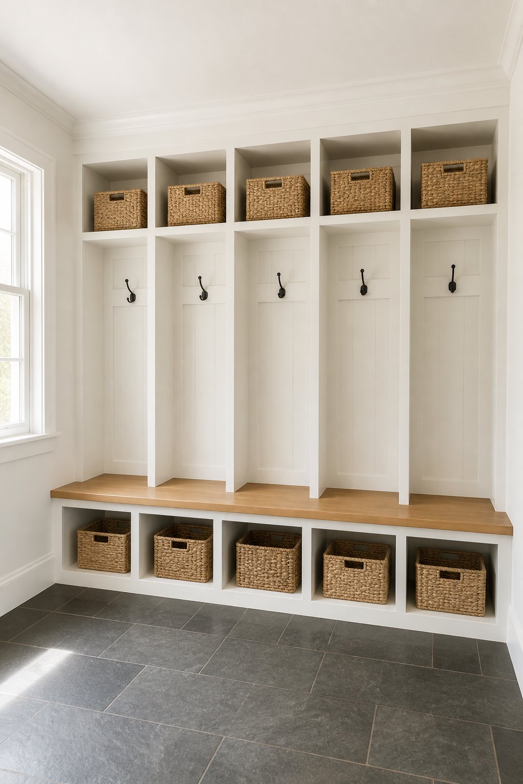 A bright mudroom with a wall of white lockers, a wooden bench, black hooks, woven baskets, and a slate floor.