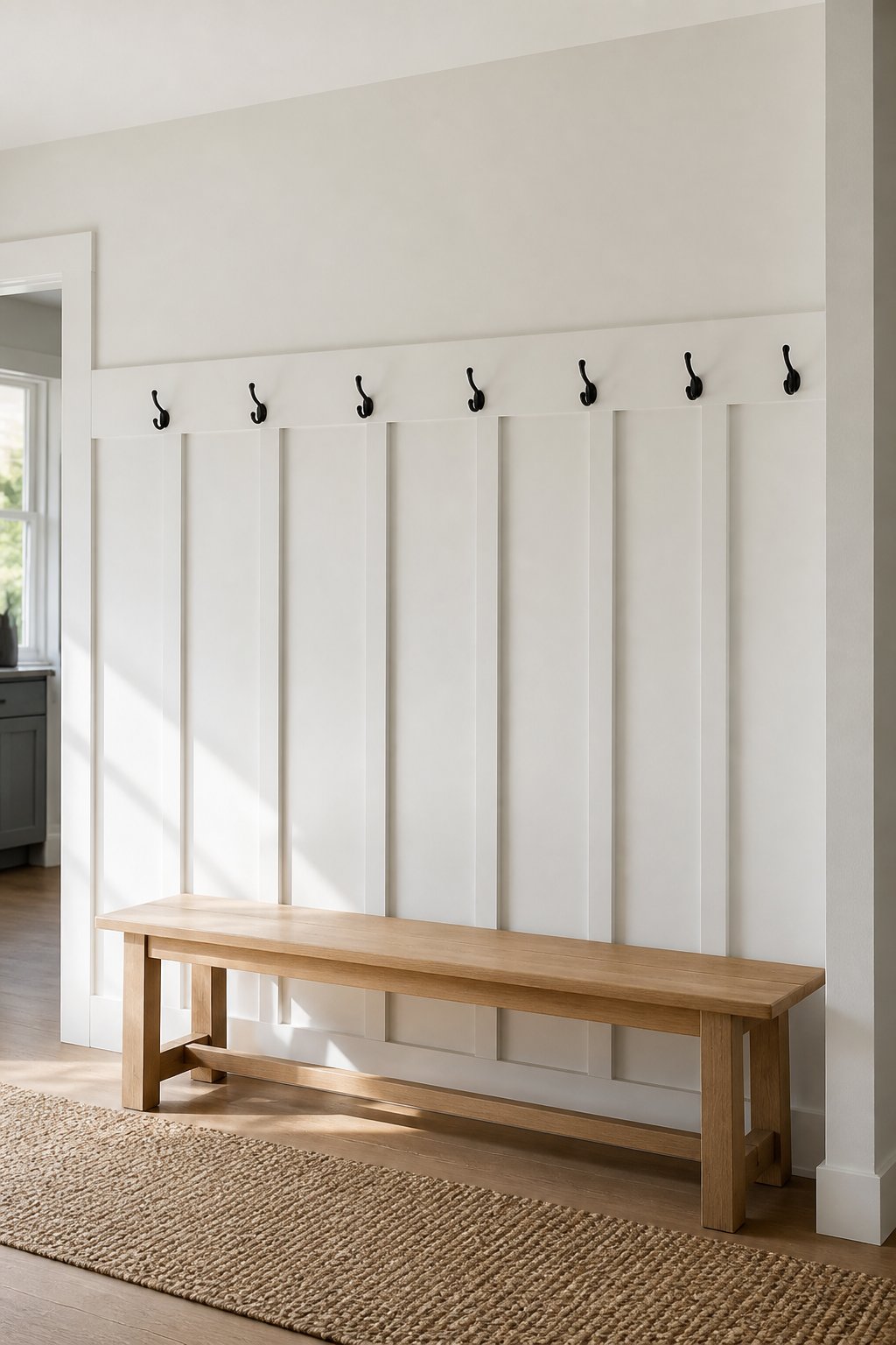 A tidy mudroom with white board-and-batten walls, black hooks, a wooden bench, and a woven runner.