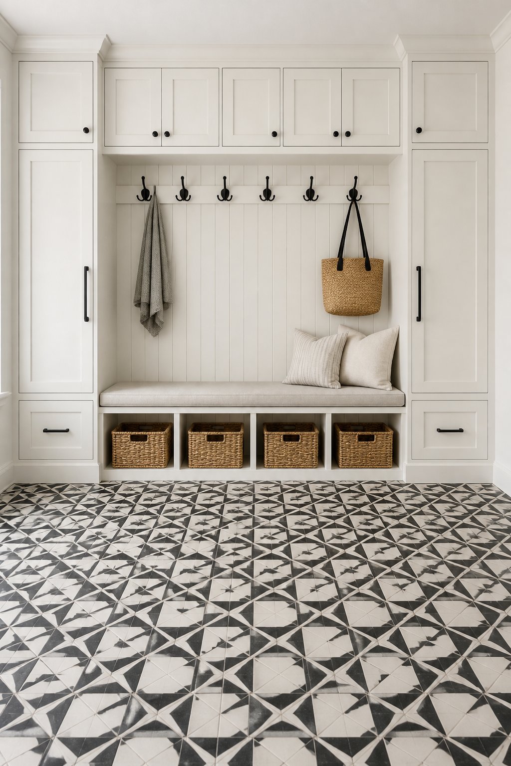 A bright mudroom with white built-in cabinets, black hooks and hardware, woven baskets, a bench, and a patterned black-and-white tile floor.