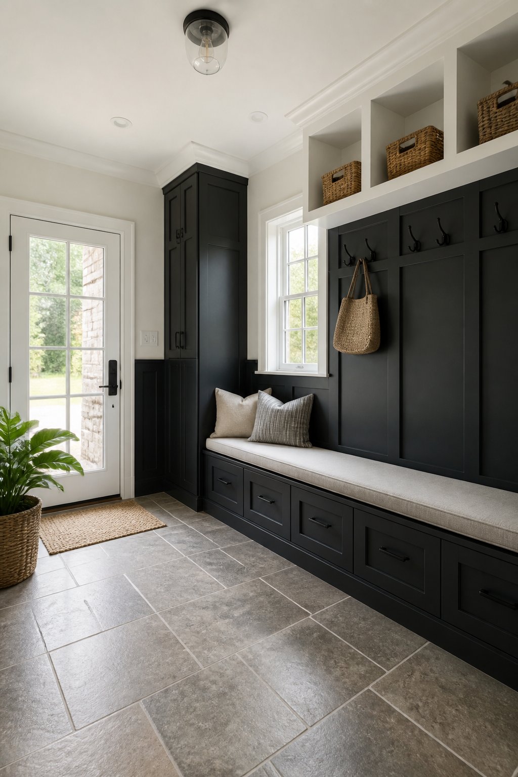 A bright mudroom with white upper walls and shelving, charcoal lower cabinets and bench seating, black hardware, woven baskets, and a tiled floor.