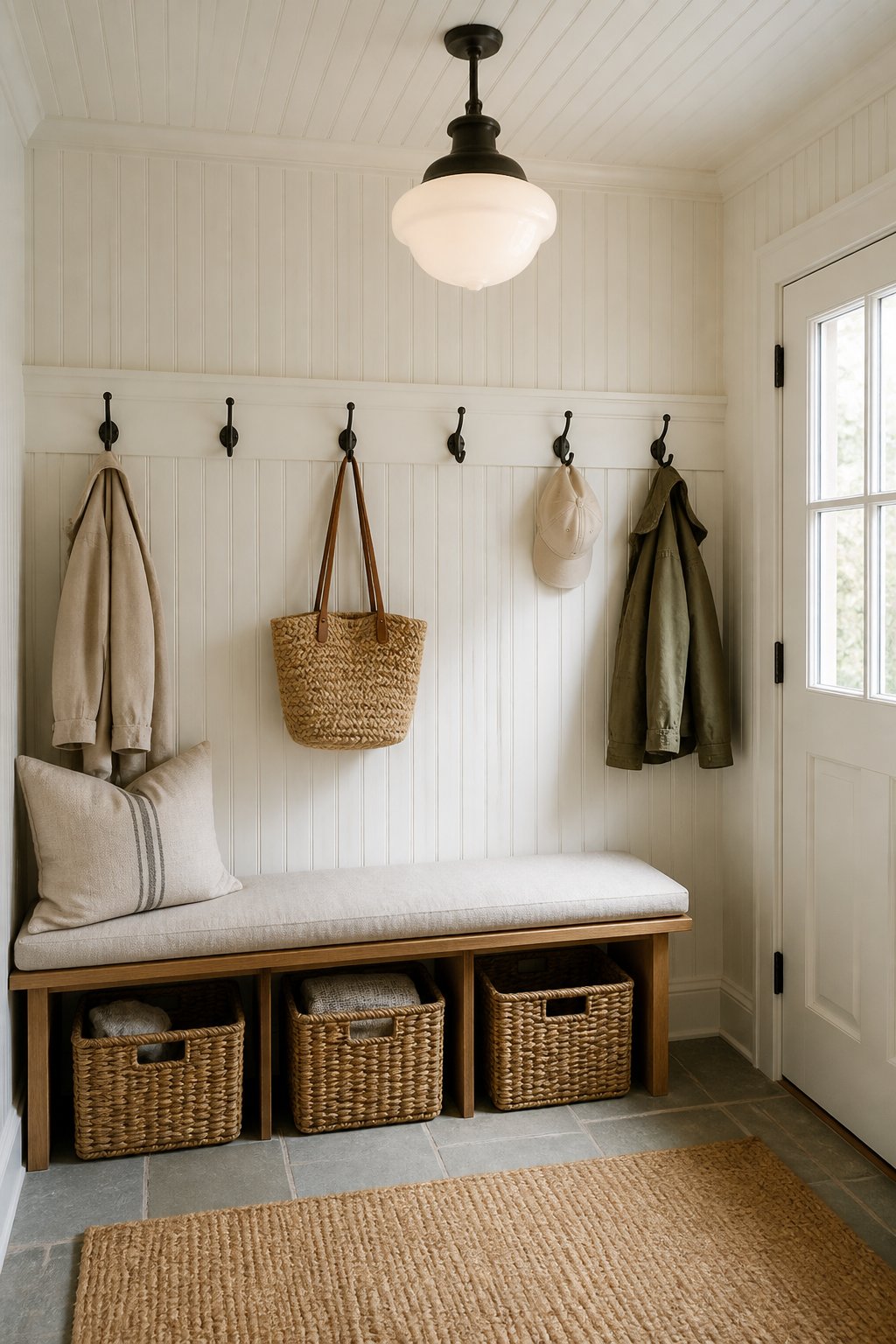A bright mudroom with white beadboard walls and ceiling, a wooden bench, black hooks, baskets, and a hanging pendant light.
