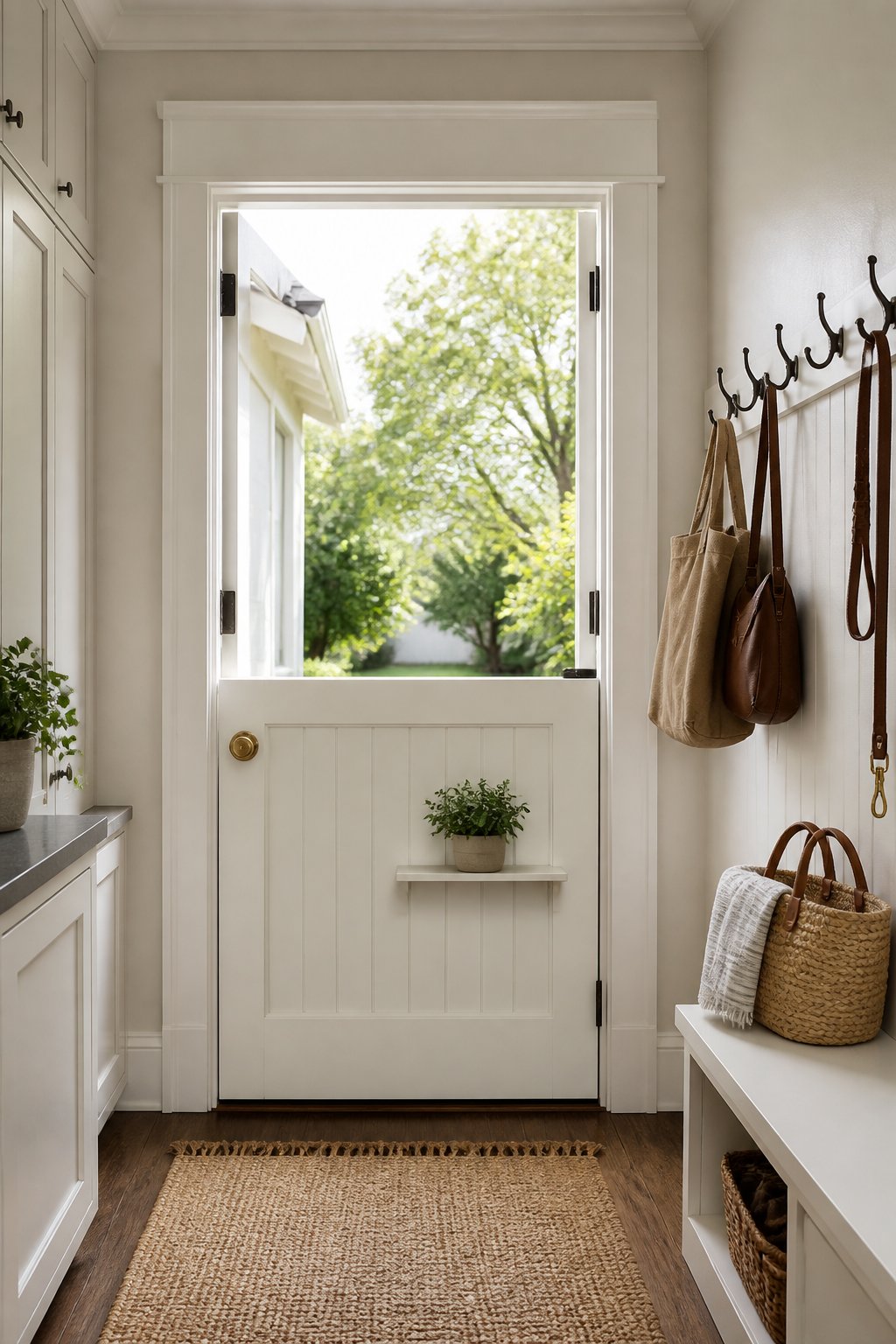 A bright mudroom with a soft white Dutch door open to a yard, a potted plant, a jute mat, and hooks holding bags and a leash.