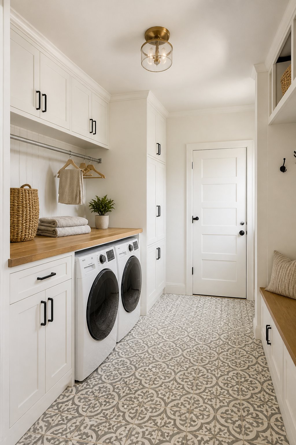 A bright laundry and mudroom with white cabinets, a wood folding counter, black hardware, a bench, patterned flooring, and a wall-mounted drying rod.