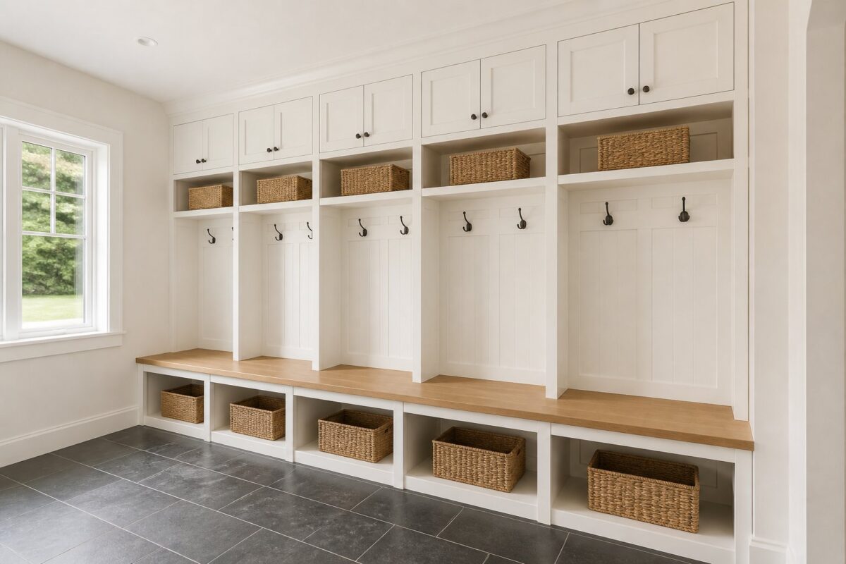 A bright mudroom with a full wall of white lockers, a wooden bench, black hooks, woven baskets, and a slate tile floor.