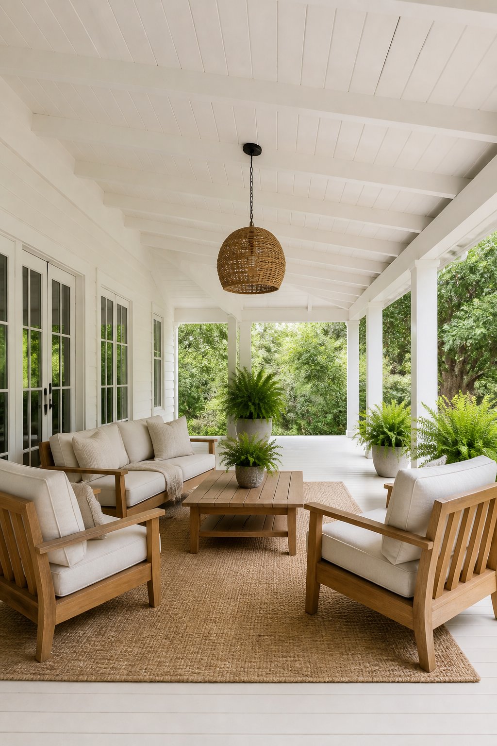 A bright covered patio with white walls and beams, teak seating, cream cushions, a woven rug, a pendant light, and potted ferns.