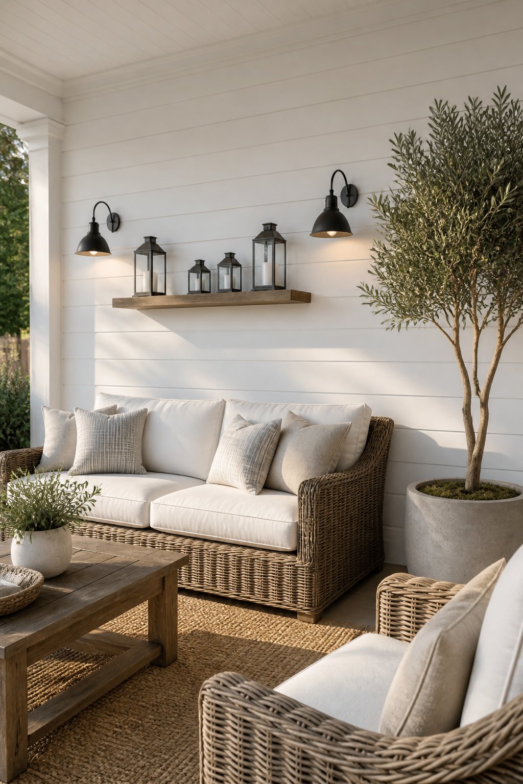 Covered patio with a soft white tongue-and-groove wall, wicker seating, lanterns, black sconces, a rug, and a potted olive tree.