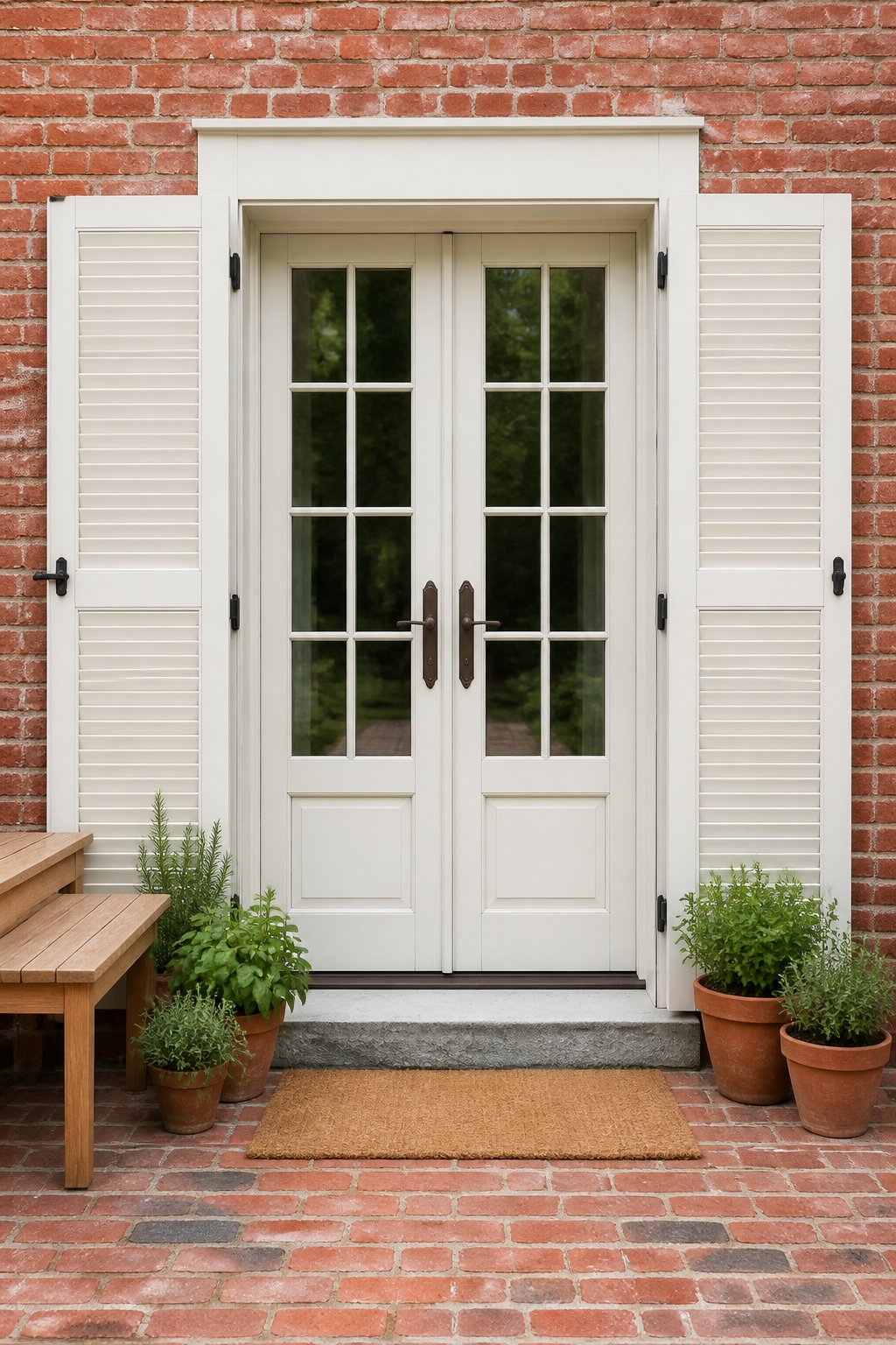 White French doors with matching shutters on a red brick house, with potted herbs, a teak bench, and a coir doormat.