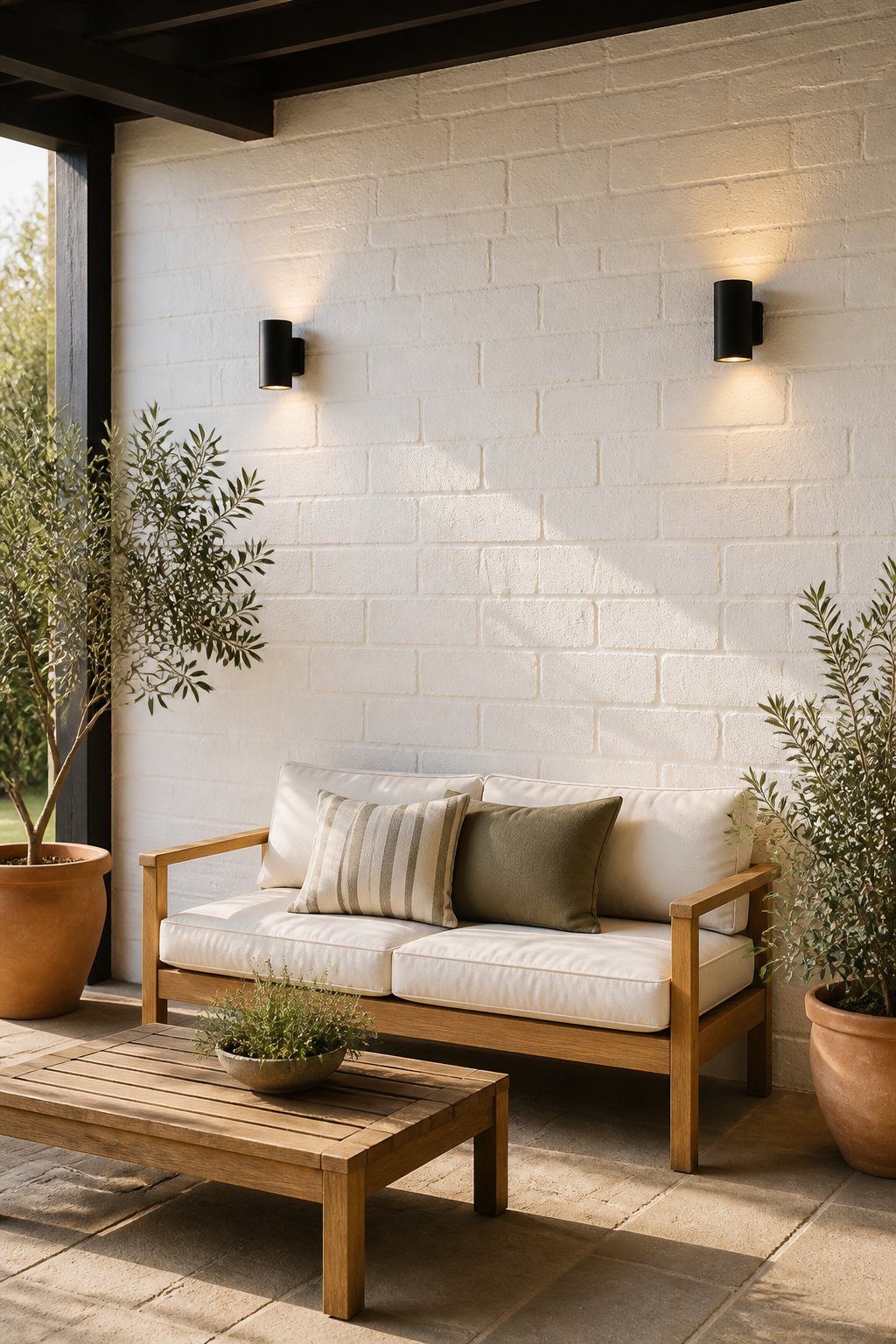 Covered patio with a soft white textured brick wall, two black wall sconces, warm wooden furniture, and terracotta plant pots in afternoon sunlight.