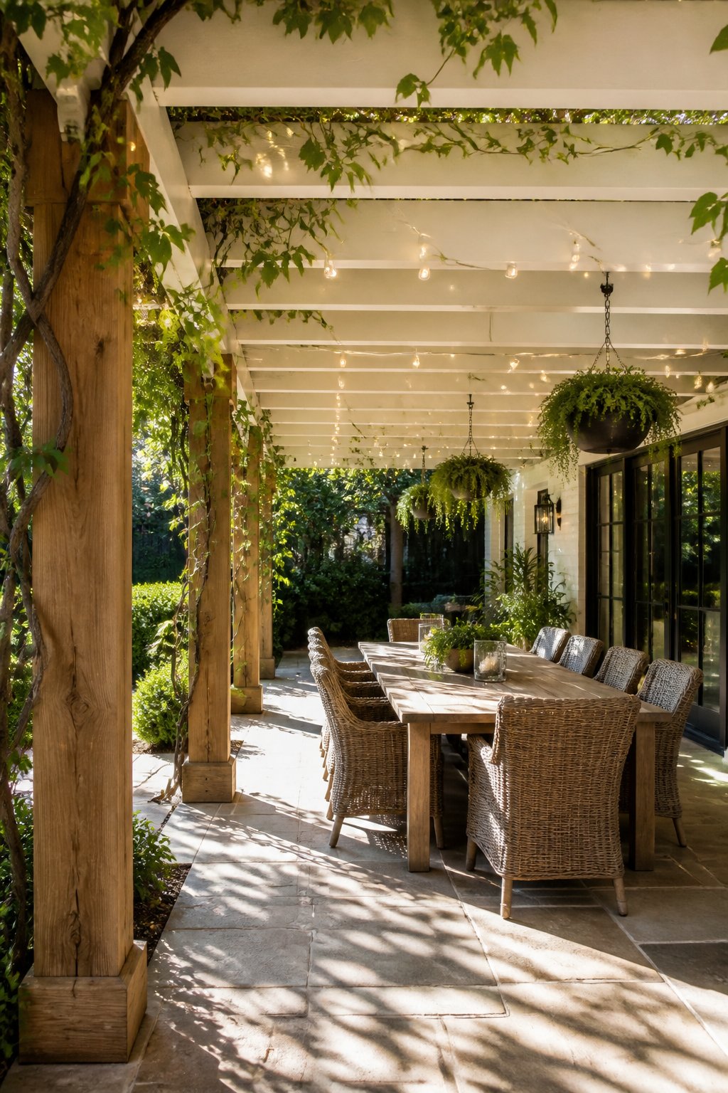 A white pergola with natural wood posts shades a patio dining area with woven chairs, hanging plants, climbing vines, and string lights.