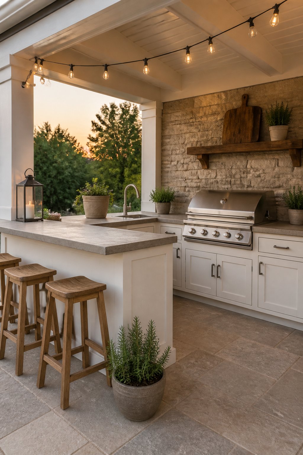 A covered outdoor kitchen with soft white built-in cabinets, a concrete counter, stainless grill, stone surround, teak stools, string lights, and potted rosemary in warm evening light.
