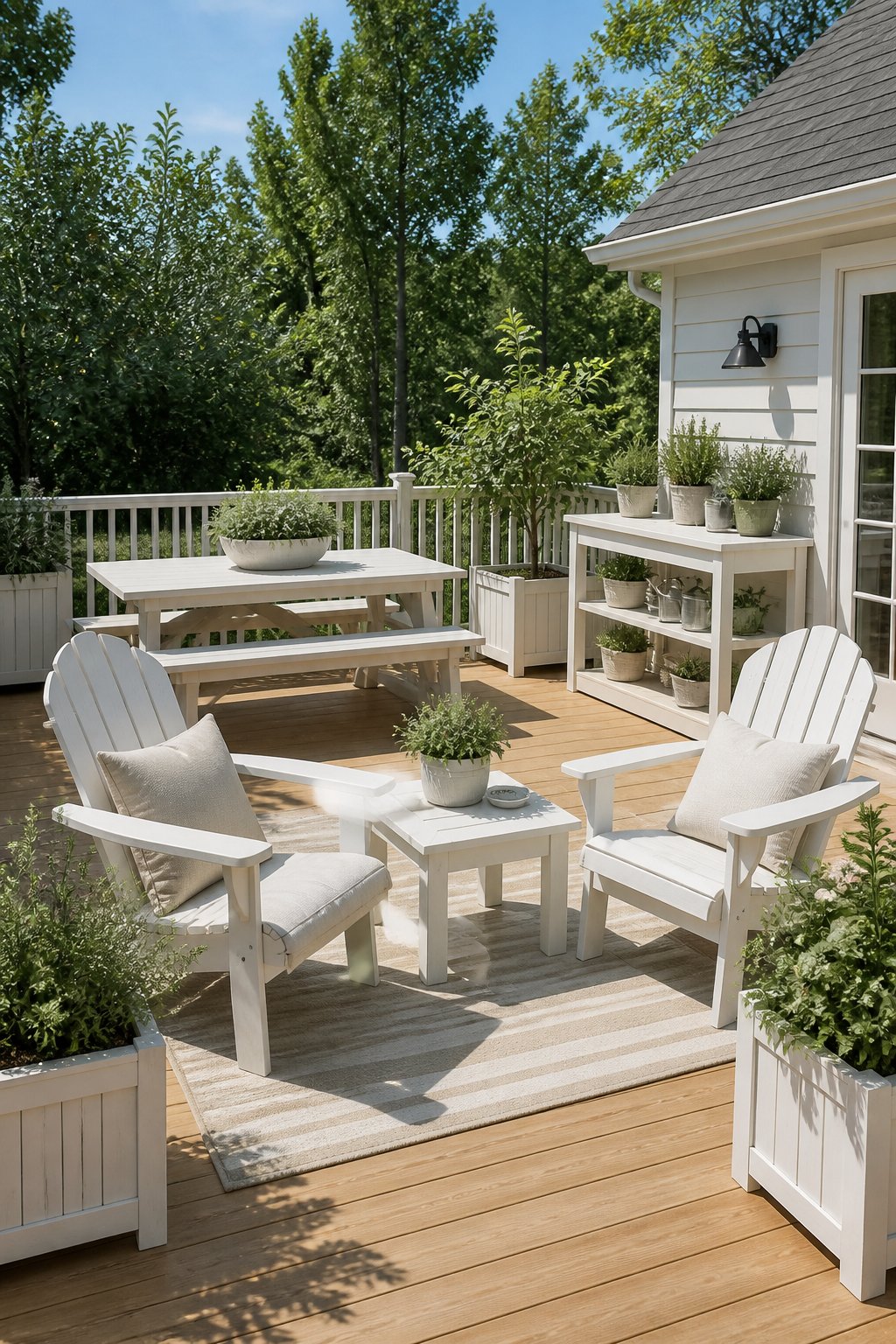 A sunny outdoor deck with white-painted furniture, cream cushions, a striped rug, and green potted plants.
