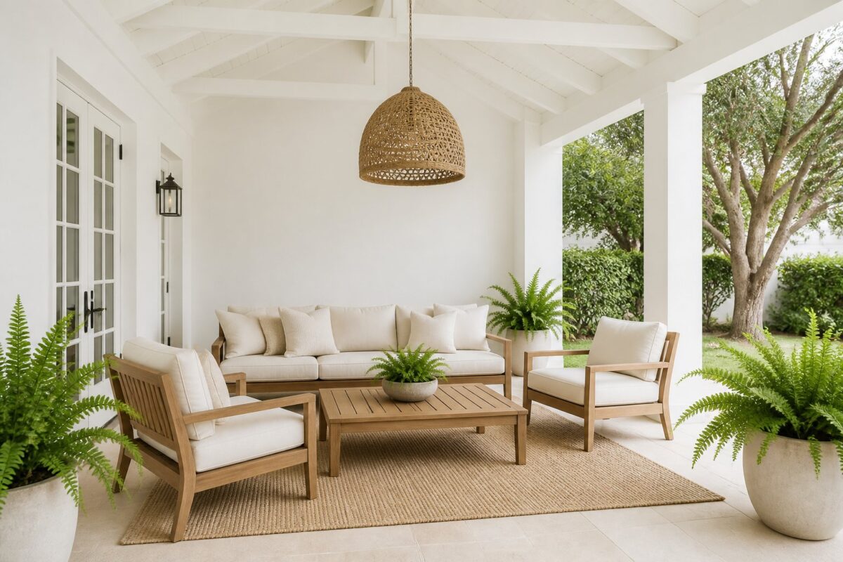 A bright covered patio with white walls and beams, teak seating, cream cushions, a textured rug, a woven pendant light, and potted ferns.