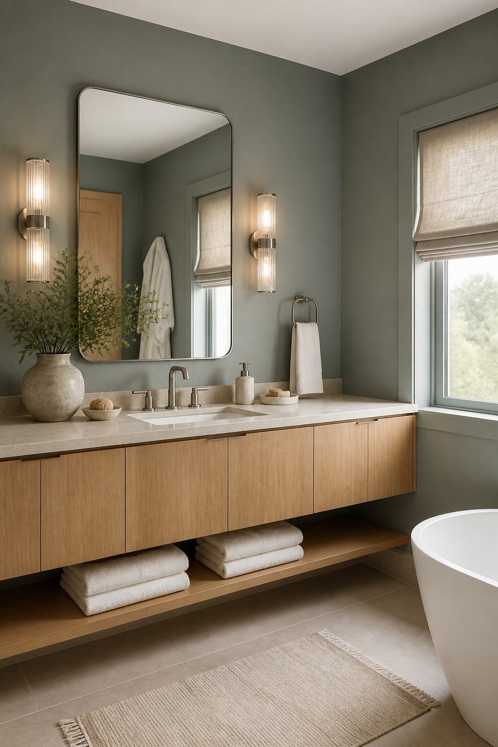 A calm bathroom with gray-green walls, a floating white oak vanity, a stone countertop, warm wall lights, ivory towels, and a linen window shade.
