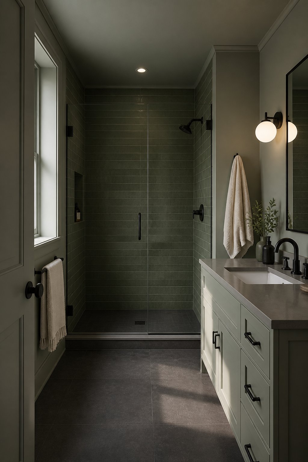 A modern sage-green bathroom with a tiled shower, dark floor, black fixtures, glass enclosure, and cream towels.