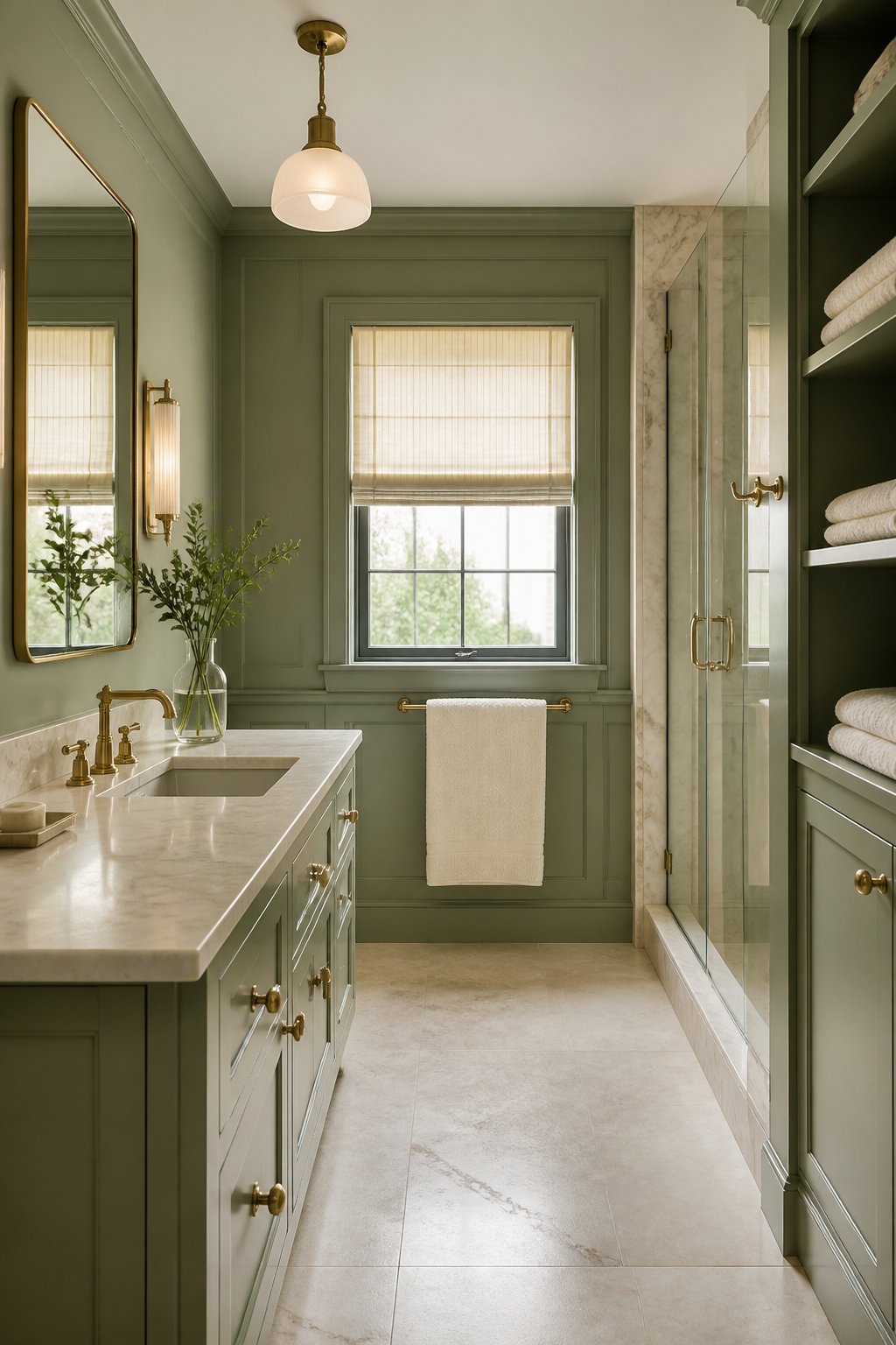 Elegant bathroom with gray-green paneled walls, cream marble surfaces, brass fixtures, a framed mirror, linen shades, a pendant light, and ivory towels.