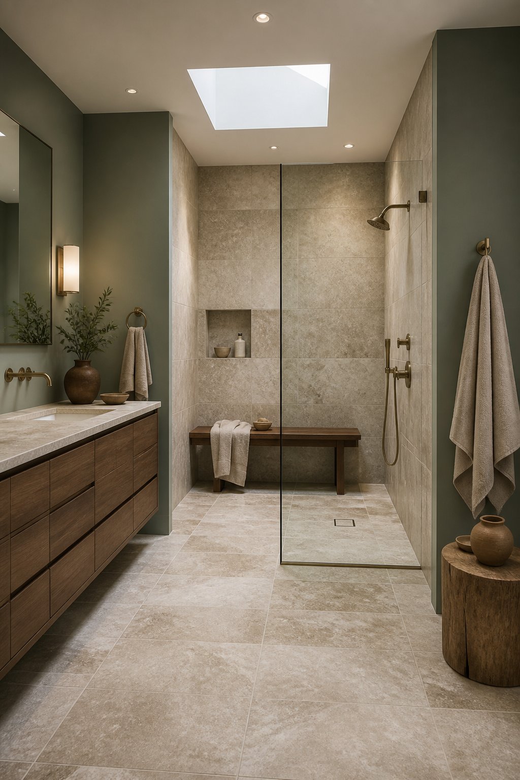 Serene primary bathroom with a travertine walk-in shower, walnut bench, brass fixtures, towels, and clay accessories.