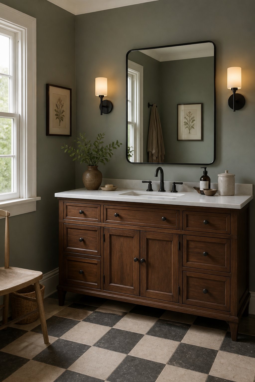 A vintage bathroom vanity with walnut cabinetry, a white countertop, a black-framed mirror, glowing wall sconces, botanical artwork, and a checkerboard stone floor.