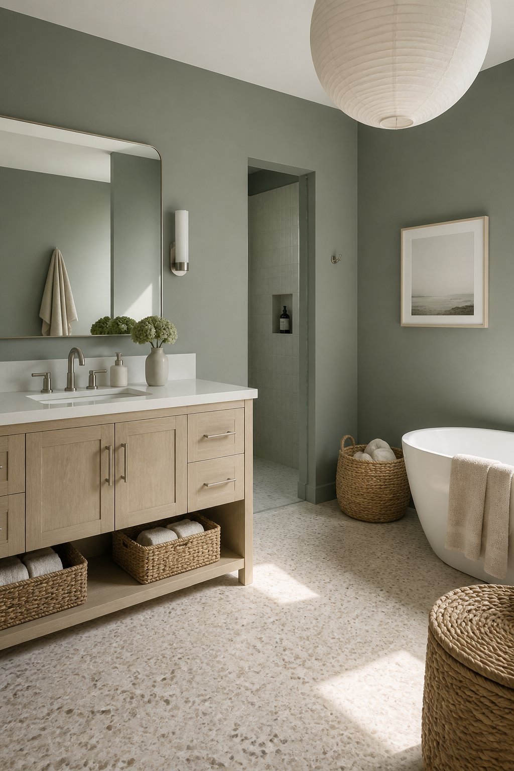 A bright coastal bathroom with green-gray walls, a wooden vanity, terrazzo flooring, woven baskets, and white ceramic accessories.