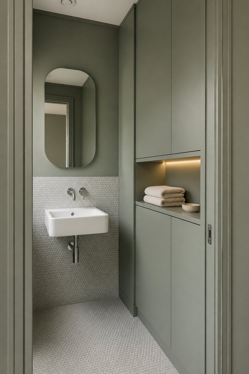 A compact sage-gray bathroom with built-in storage, a white wall-mounted sink, penny tile, a rounded mirror, warm shelf lighting, and folded cream towels.