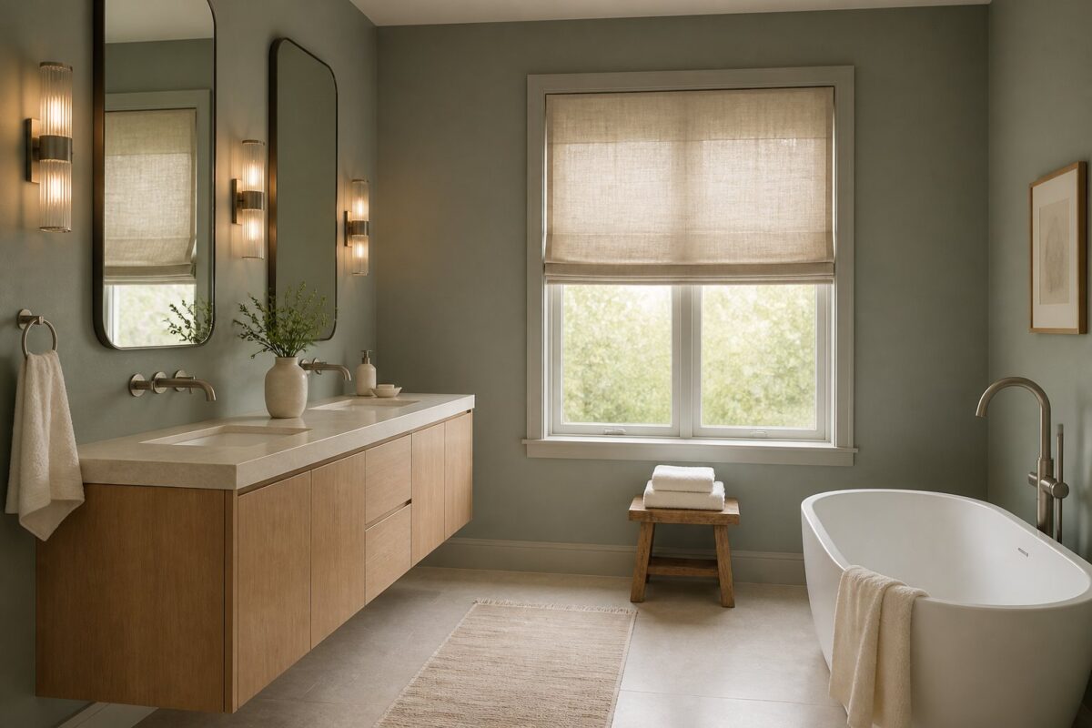 A serene spa-like bathroom with a gray-green wall, floating white oak vanity, limestone counter, nickel fixtures, warm sconces, ivory towels, and a linen window shade.