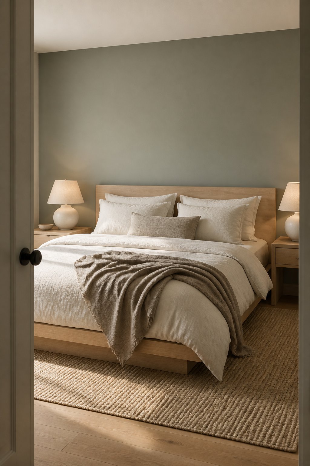 A serene bedroom with pale oak furniture, layered neutral linen bedding, a wool rug, ceramic lamps, and soft morning light.