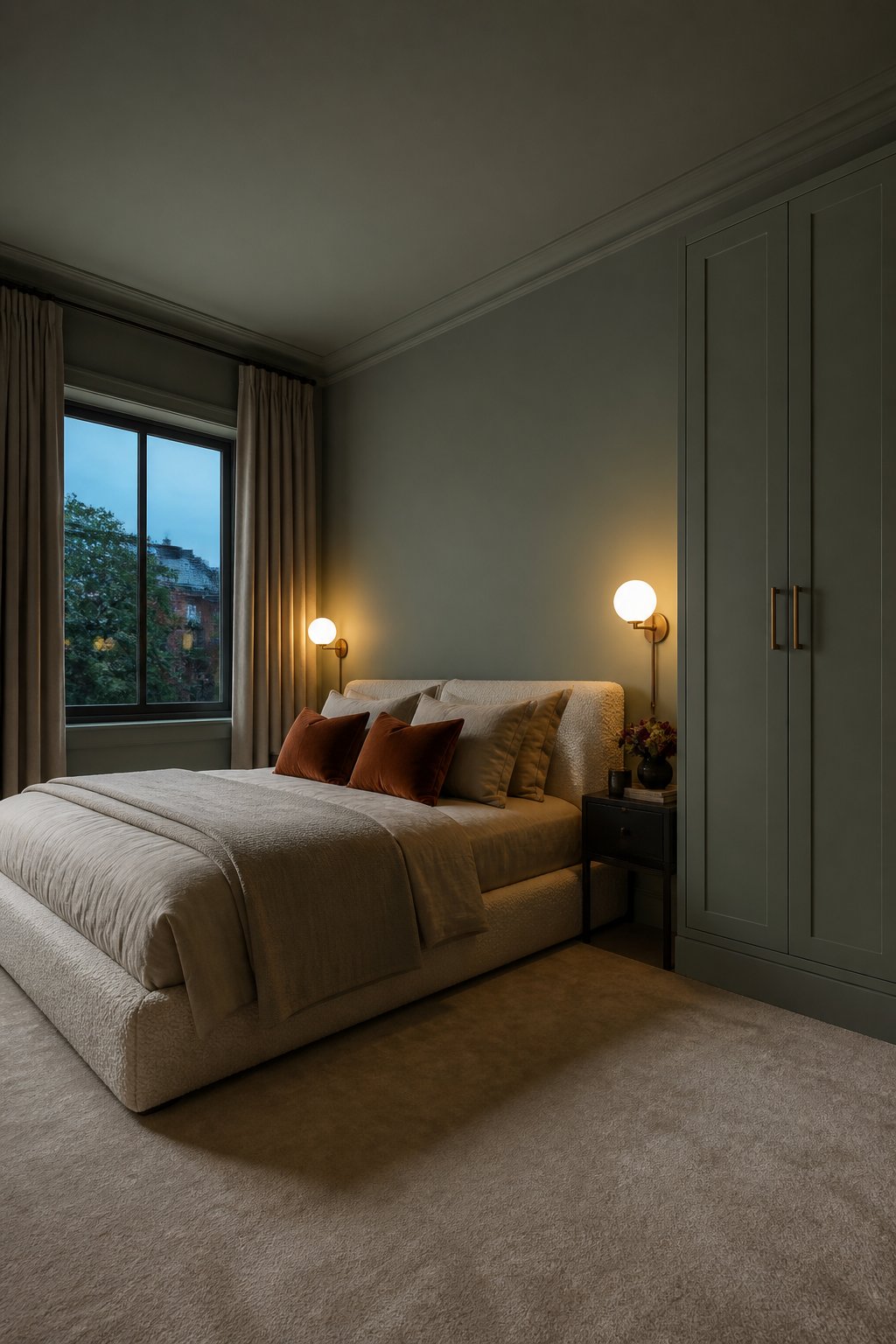 A cozy bedroom with muted green walls, a low cream bed, warm lighting, and rust-colored cushions.