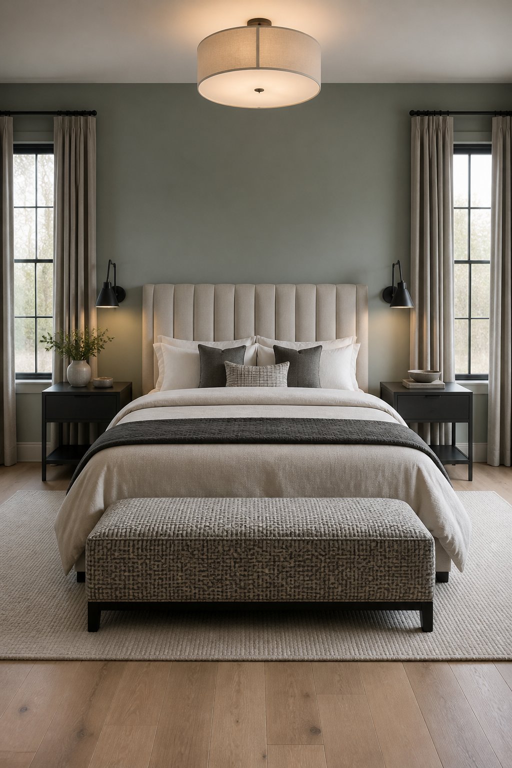 A symmetrical bedroom with gray-green walls, an upholstered bed, charcoal nightstands, wall sconces, drapery, a bench, and a light wood floor.