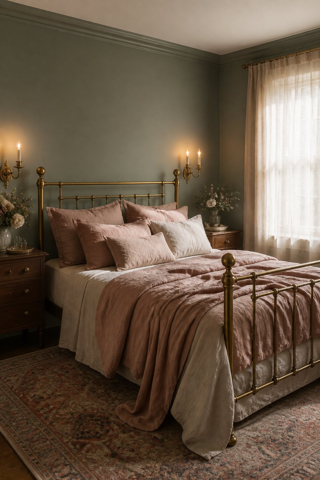 A romantic bedroom with a brass bed, dusty rose pillows, walnut bedside chests, sheer curtains, and a faded Persian rug.