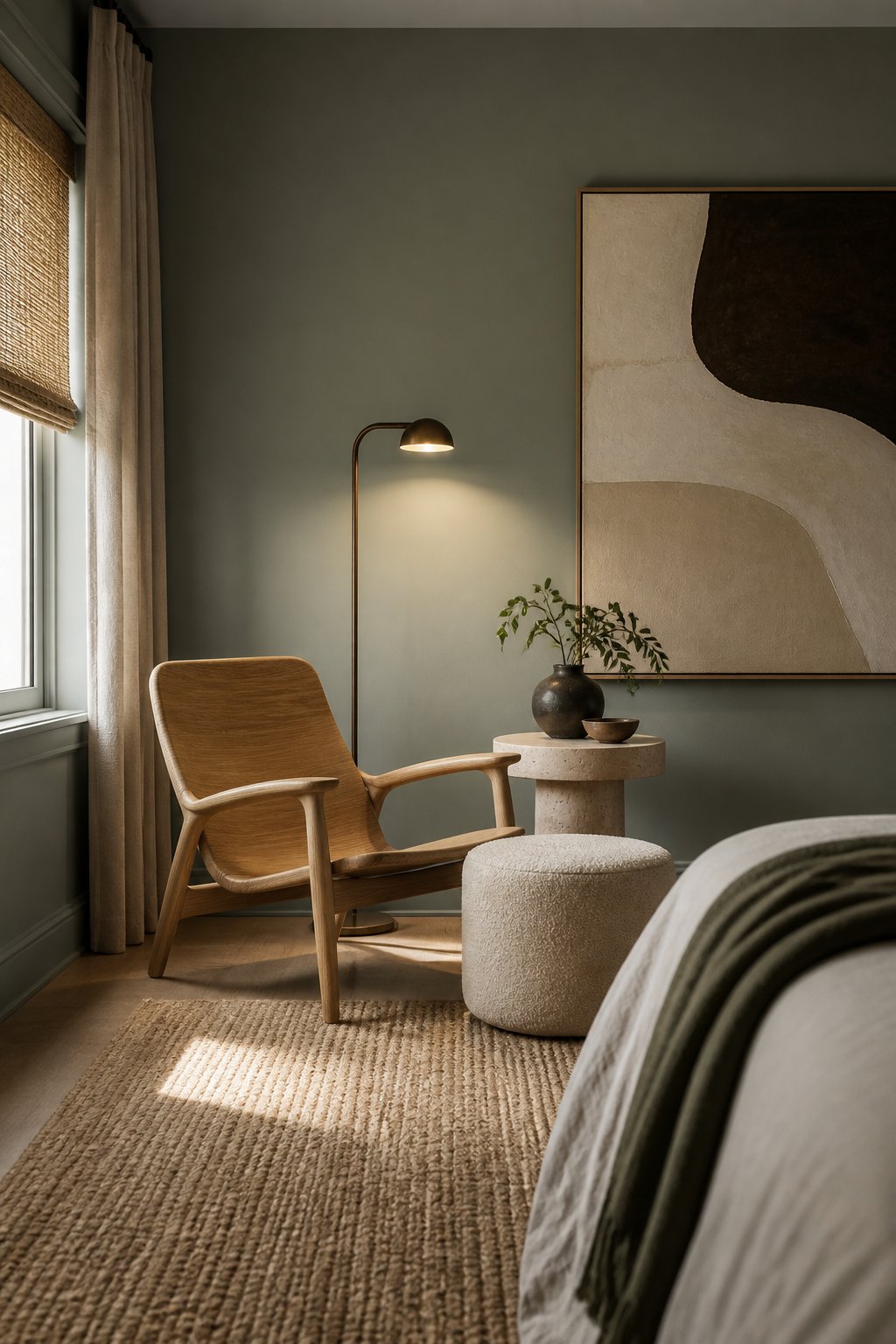A cozy bedroom reading nook with a wooden lounge chair, cream ottoman, stone side table, woven rug, floor lamp, and abstract wall art.