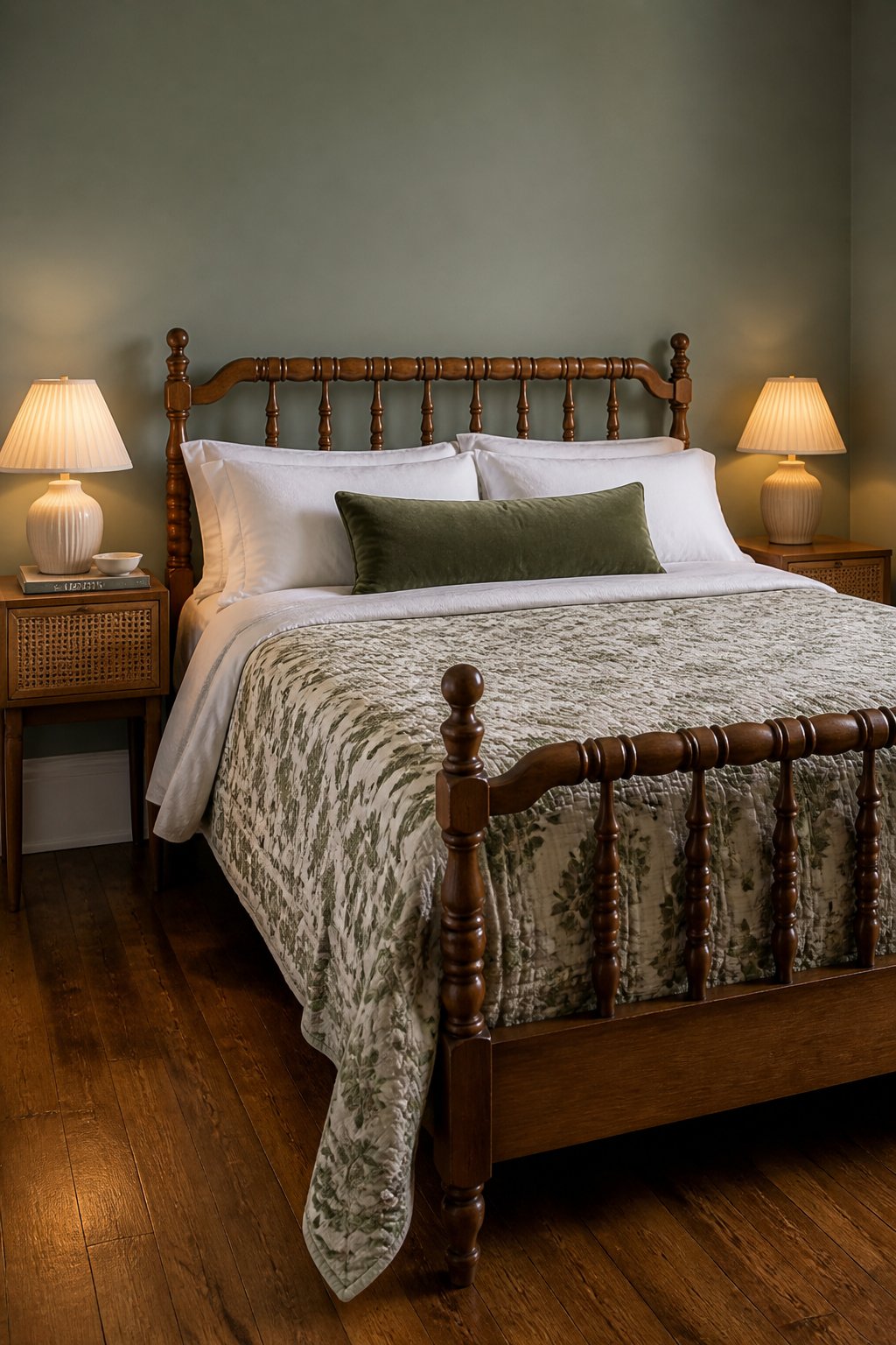 A vintage bedroom with a walnut spindle bed, botanical bedding, green pillow, cane nightstands, ceramic lamps, and warm wood flooring.