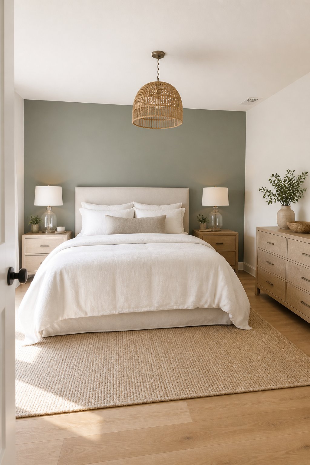 An airy guest bedroom with a green-gray accent wall, creamy white walls, a linen-covered bed, a wood dresser, and natural woven furnishings.