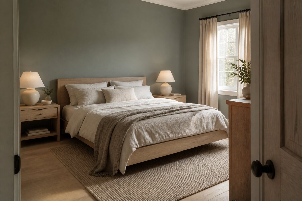 A serene bedroom with a pale oak bed, layered neutral linens, a woven rug, ceramic lamps, and muted green walls.