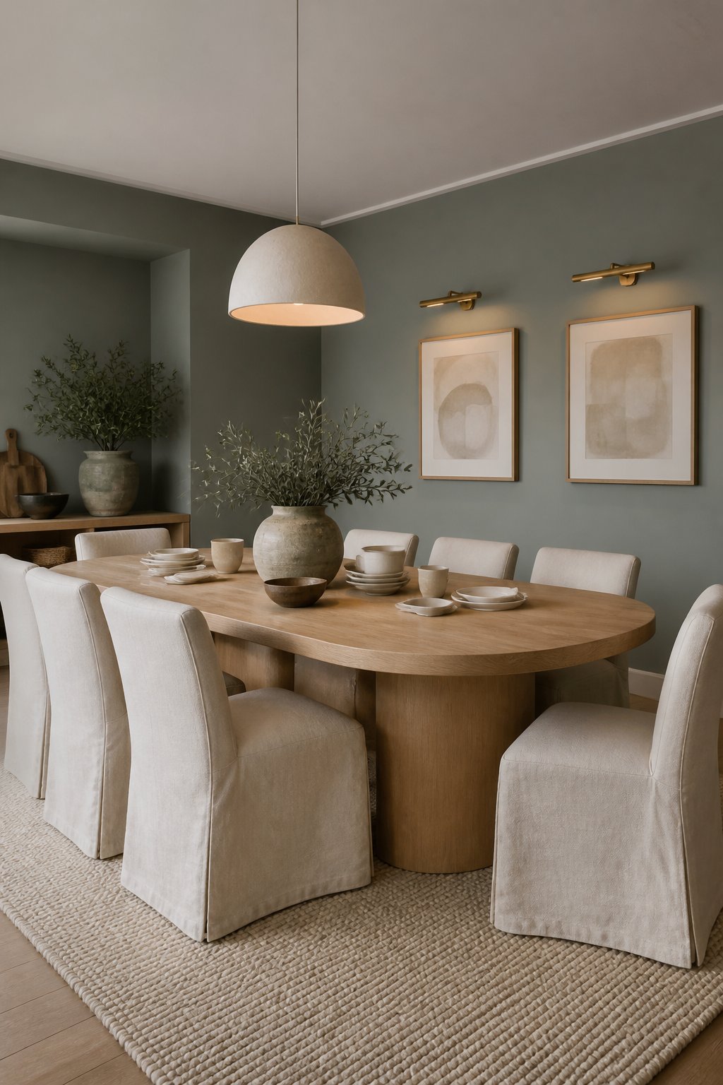 A refined dining room with a rounded oak table, linen-covered chairs, a cream rug, muted green-gray walls, and warm pendant lighting.