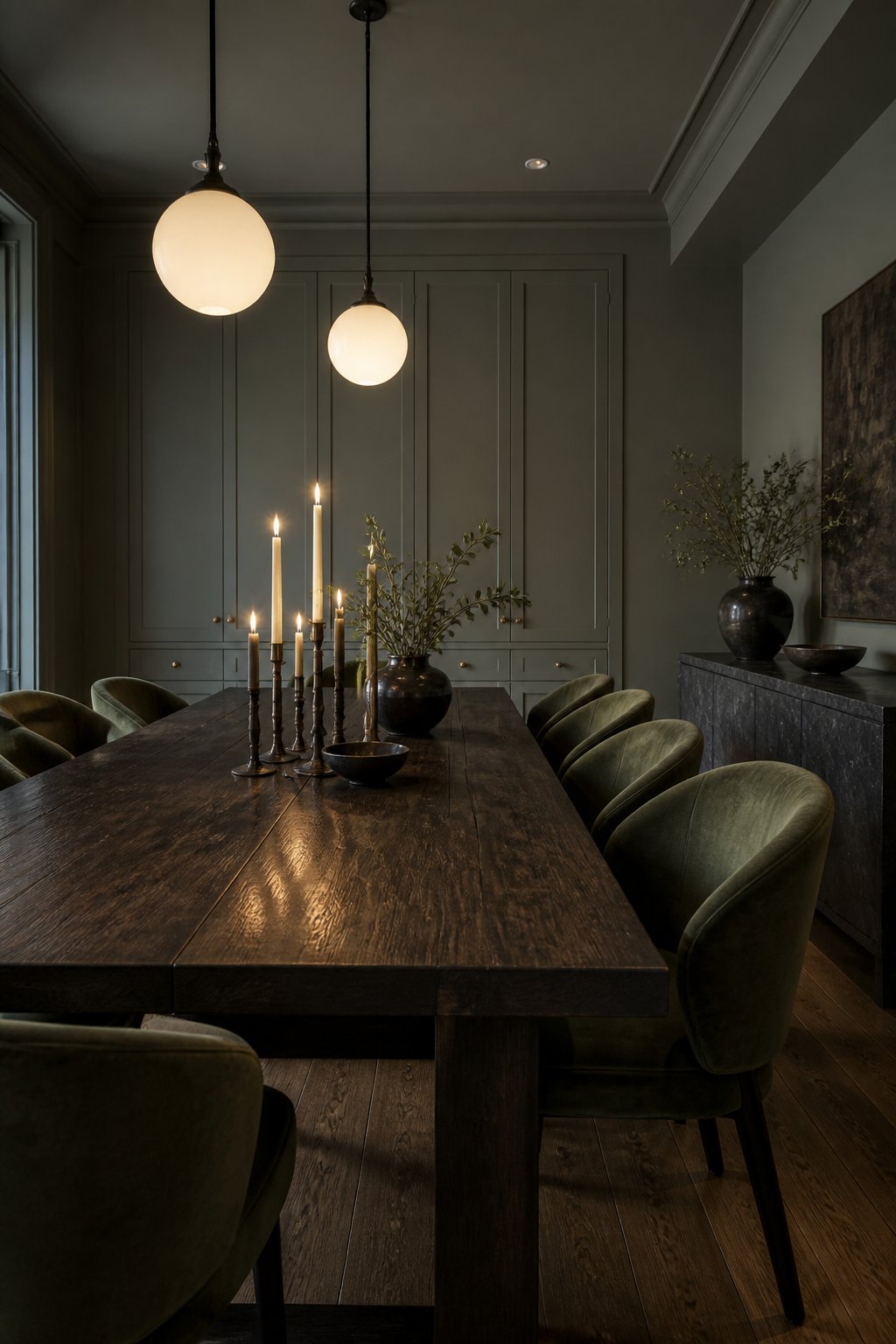 A dimly lit dining room with a dark wood table, green chairs, globe pendant lights, and glowing candles.