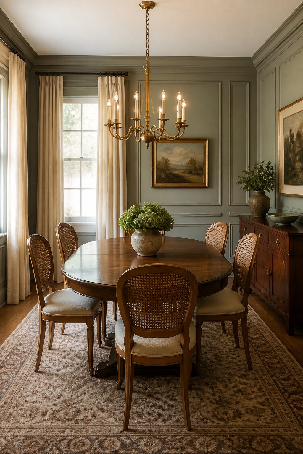 A traditional dining room with paneled gray-green walls, a walnut table, caned chairs, a brass chandelier, linen curtains, a vintage rug, and a mahogany sideboard.