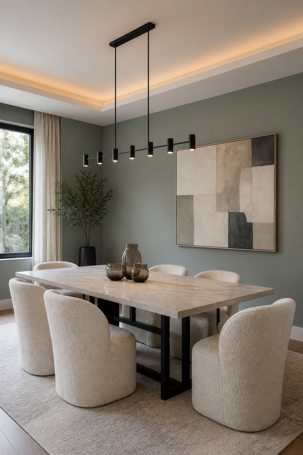 A contemporary dining room with sage-gray walls, a pale stone table, cream chairs, black lighting, and abstract wall art.