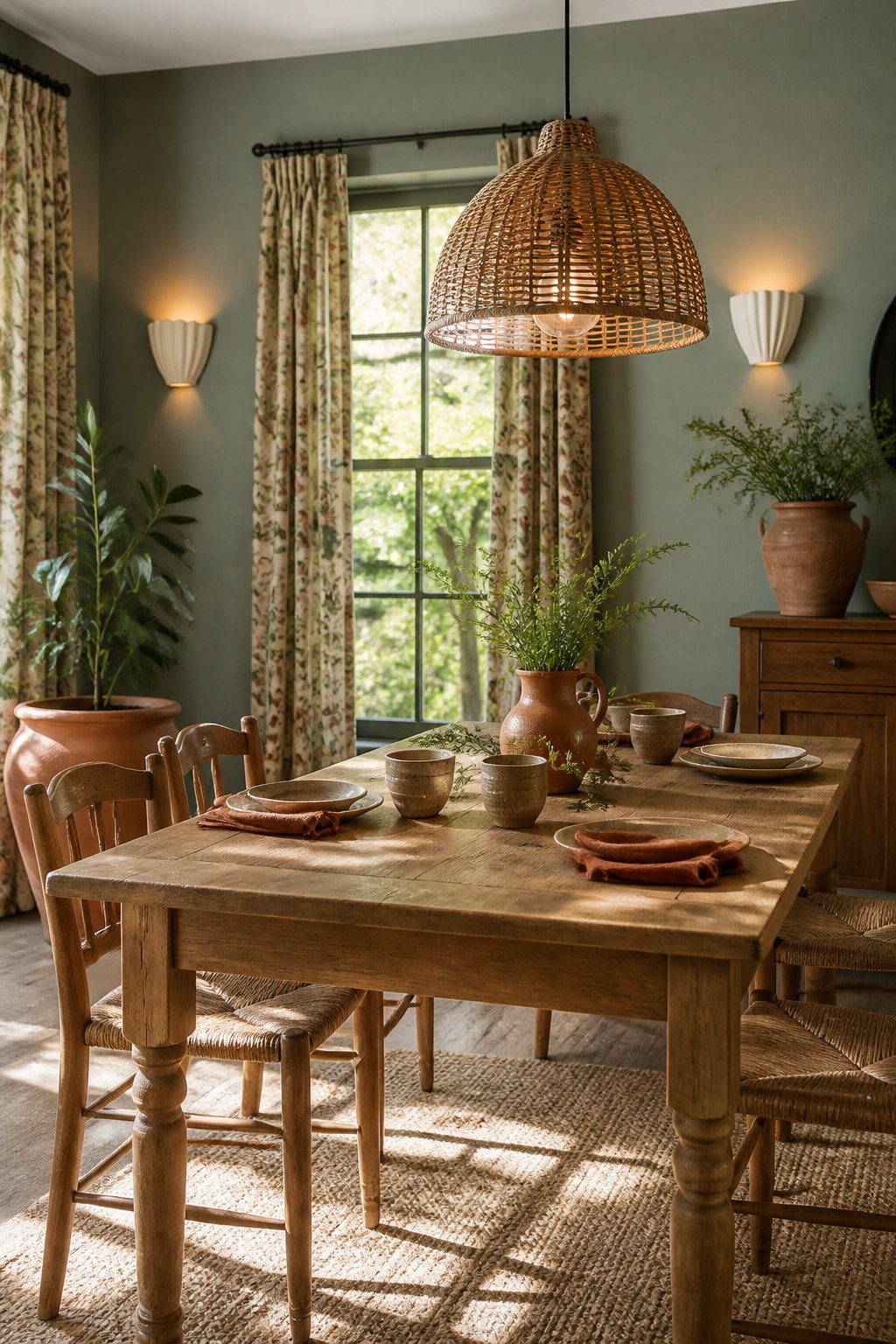 A botanical dining room with gray-green walls, an oak table, woven chairs, terracotta planters, patterned curtains, and warm lighting.