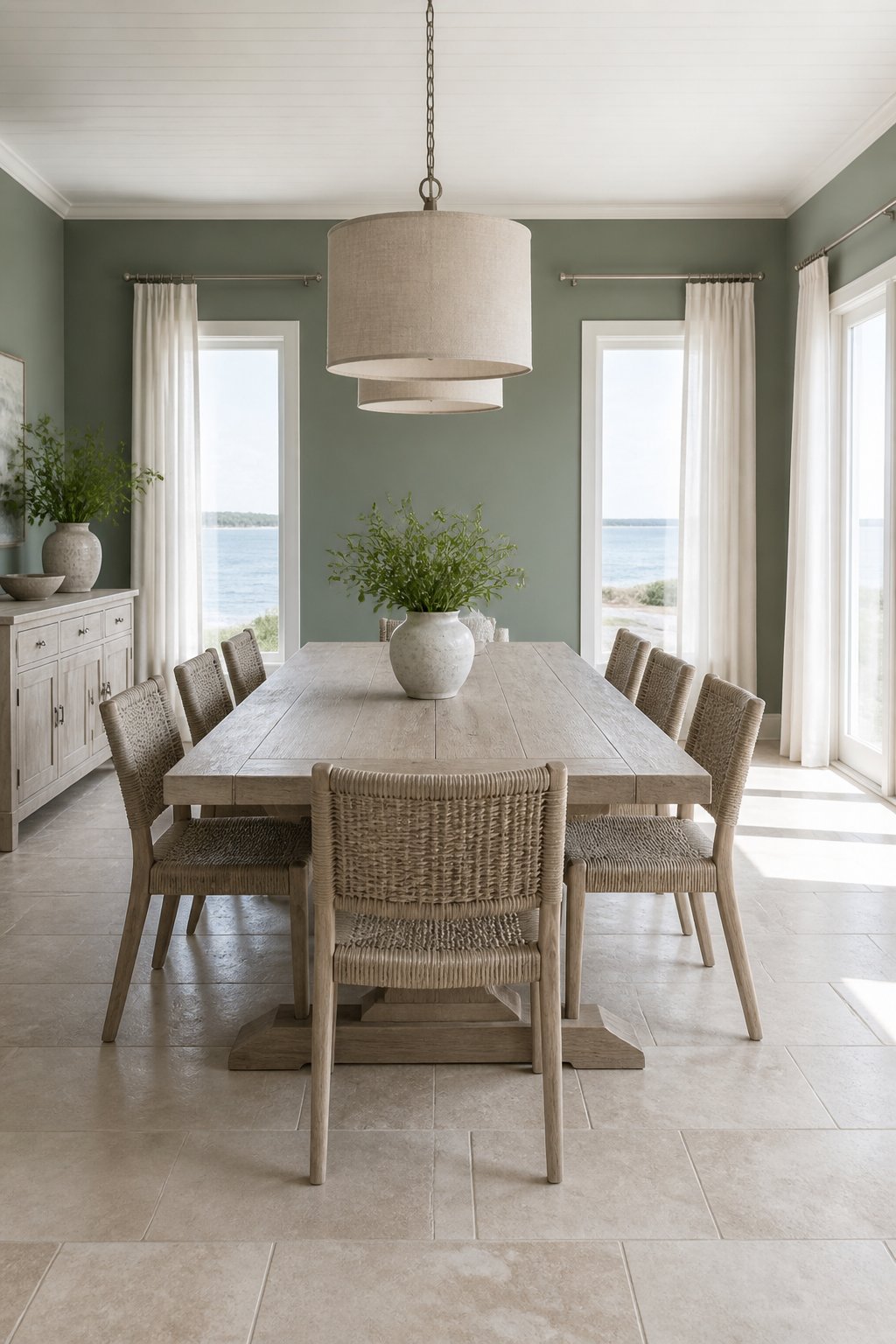 A bright coastal dining room with a gray-green wall, wood table, woven chairs, pendant lights, and sheer curtains.