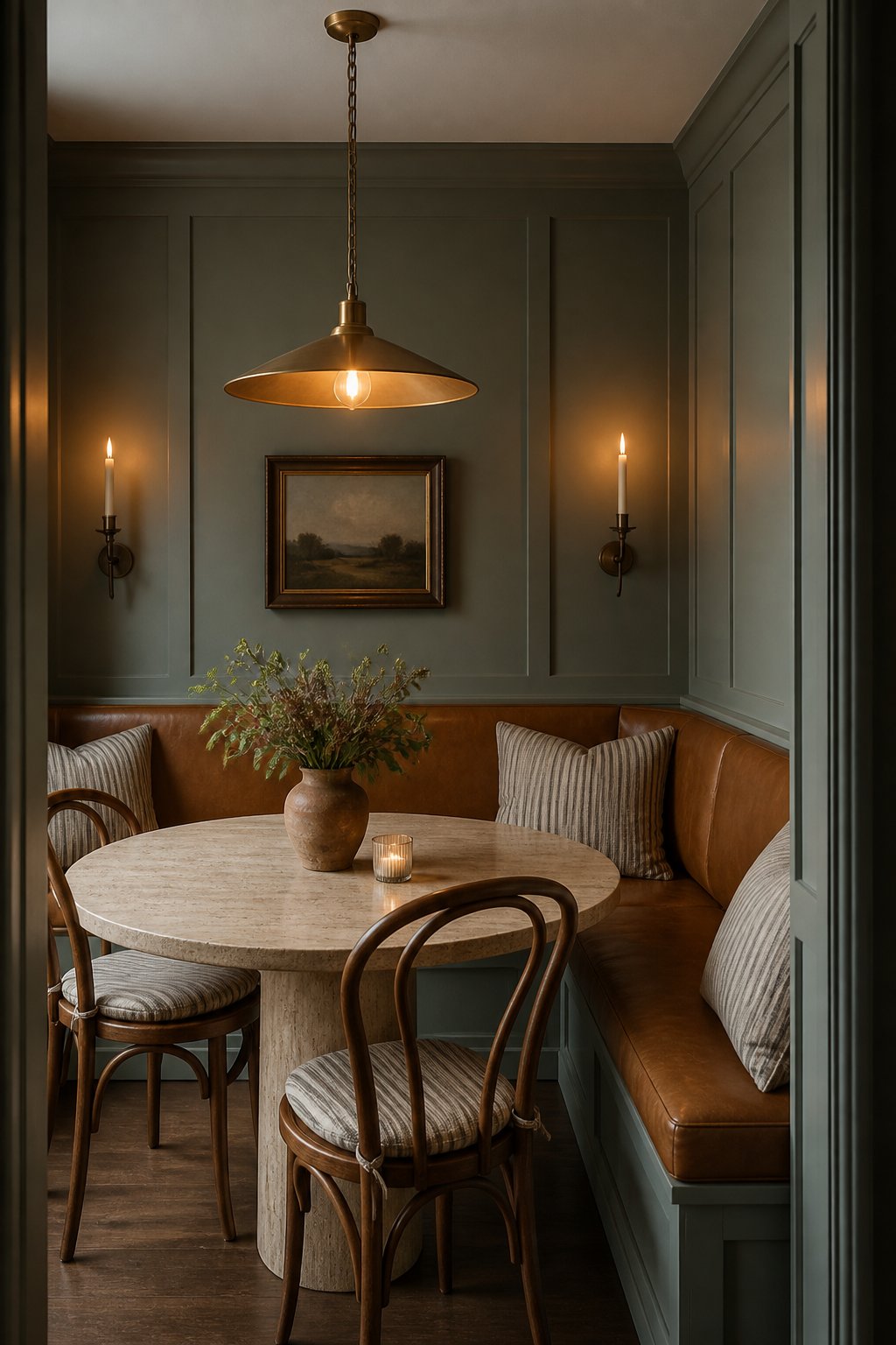 A cozy dining nook with a built-in banquette, round stone table, wooden chairs, warm pendant lighting, and glowing candles.