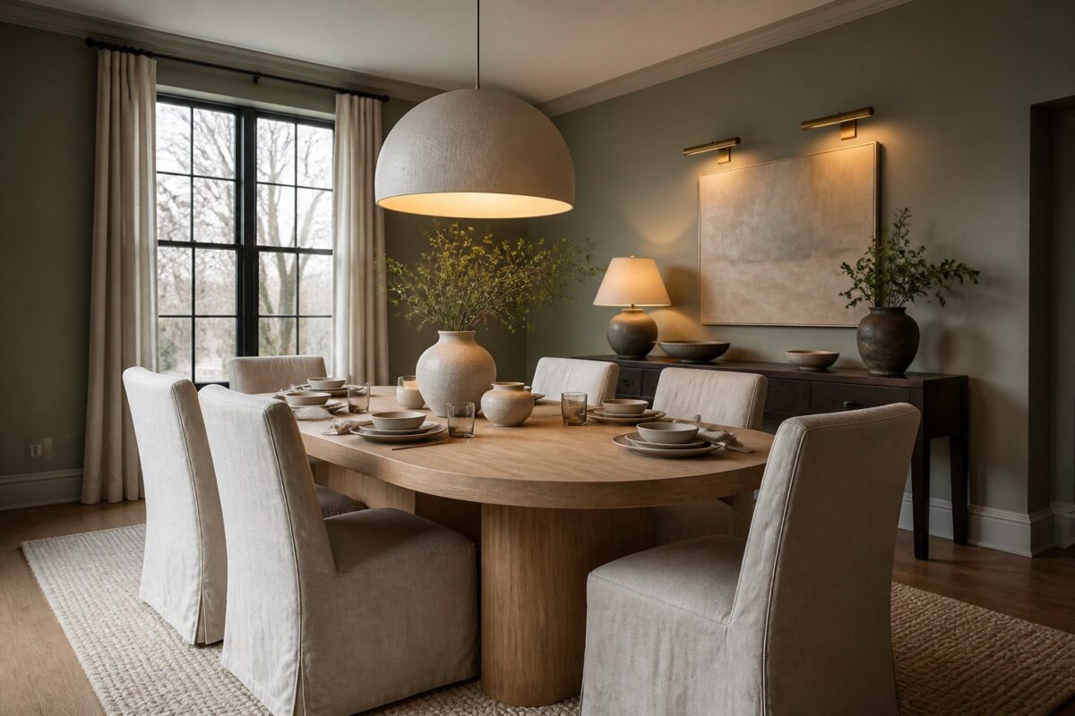 A refined dining room with a rounded oak table, linen chairs, a cream rug, stoneware, and warm lighting.