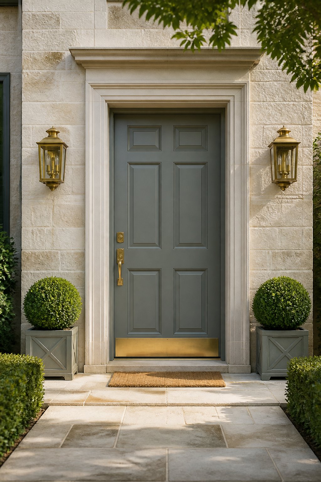 A classic home entrance with a muted green paneled door, cream stone walls, brass fixtures, boxwood planters, and a woven doormat.