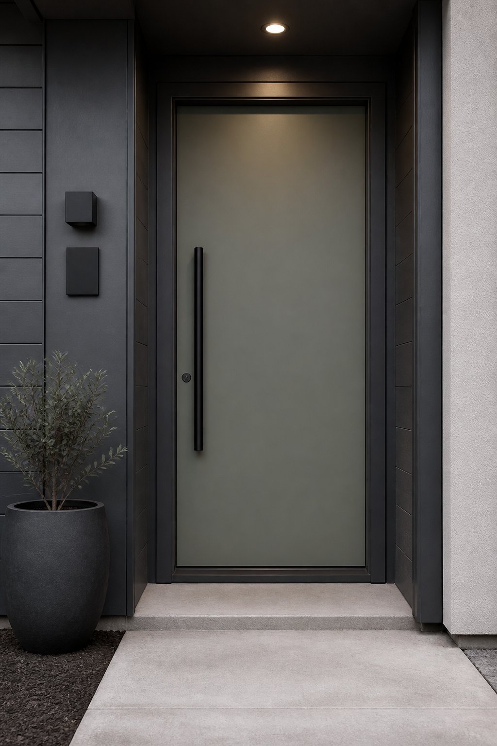A modern front entrance with a muted green-gray door, dark trim, black handle, concrete threshold, planter, and overhead light.